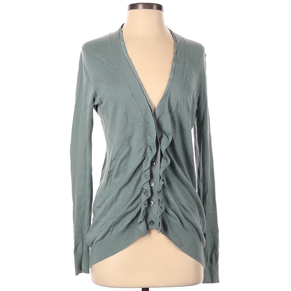 LOFT Green Ruffled Button-Front Cardigan